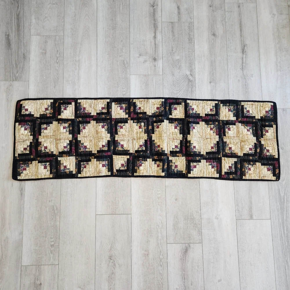 Handcrafted Farmhouse Handmade Quilted Table Runner Multicolor Black Tan Pink